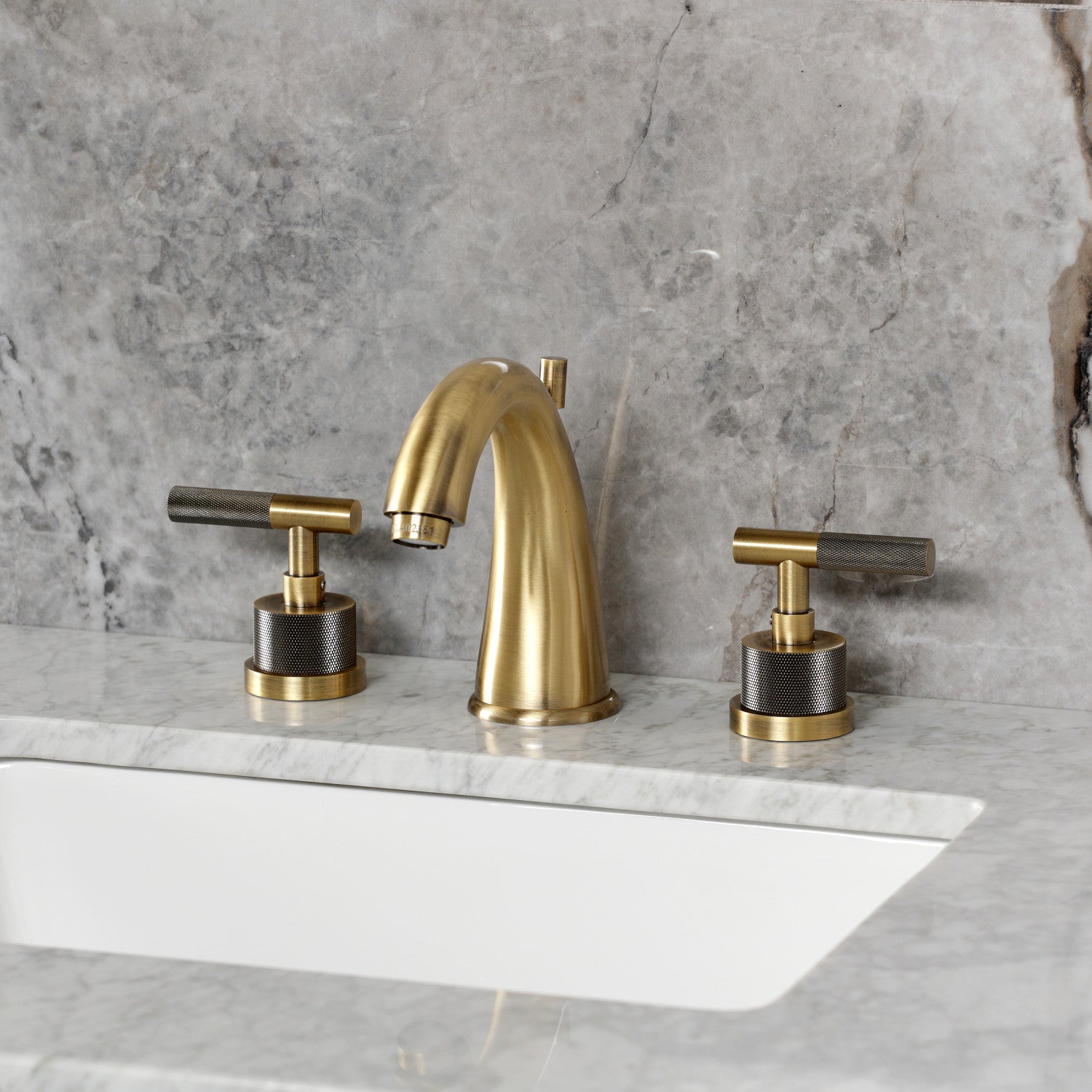 Kingston Tulare KS2963KNL - Convergent Two-Handle 3-Hole Deck Mount Widespread Bathroom Faucet with Knurled Handle and Brass Pop-Up, Antique Brass — thumbnail 2